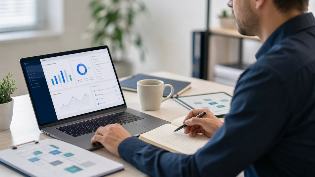 Consultant reviewing a business dashboard and process notes at a desk